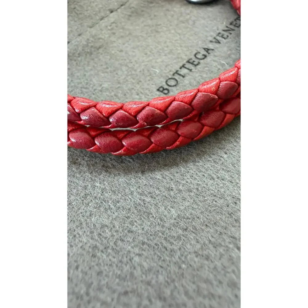 Authentic Bottega Veneta Mens Intrecciato Double Bracelet Red Lambskin Gunmetal
